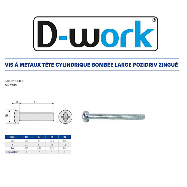 200 Vis Métaux Tête Cylindrique Pozidriv 6 x 80 mm - DIN 7985 - Zingué blanc - D-Work