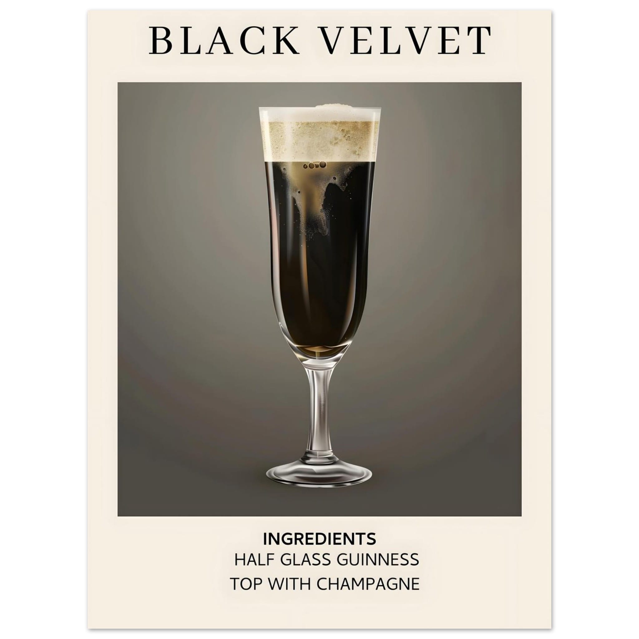 Artfulprints Poster Black Velvet cocktail - Ingrediënten  - 30x40 cm - Zwart / Wit