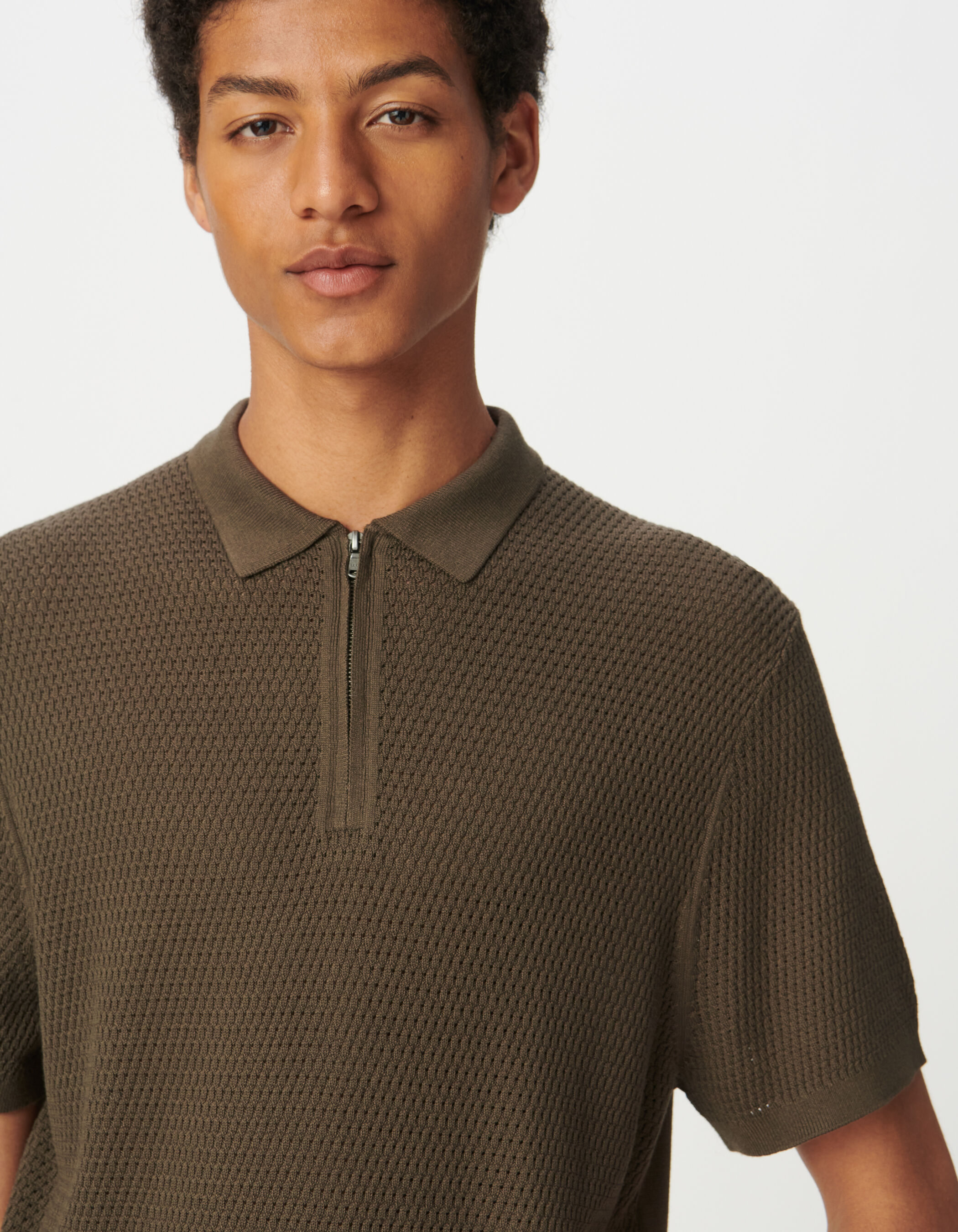 Polo manches courtes kaki tricot ajouré Homme