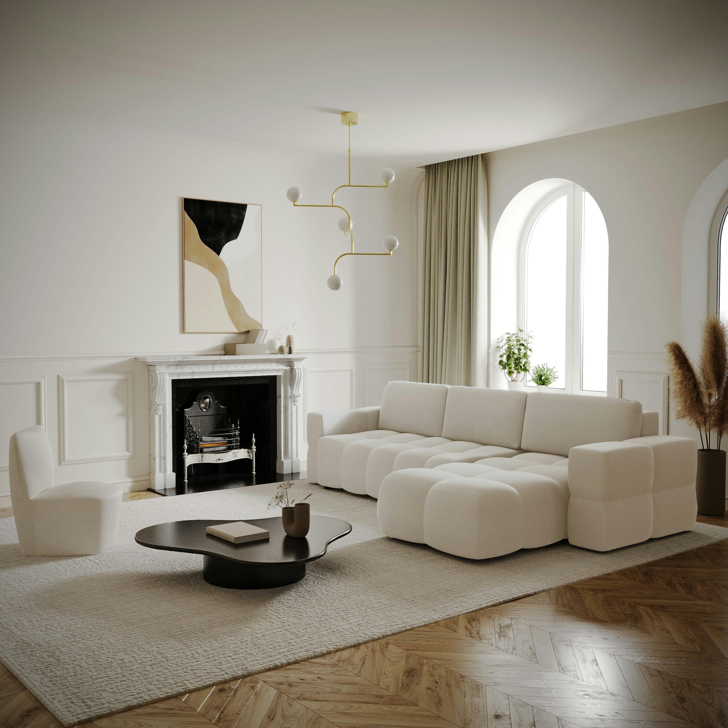 GABRIEL - Canapé d'angle droit convertible coffre tissu tramé crème 260x180cm