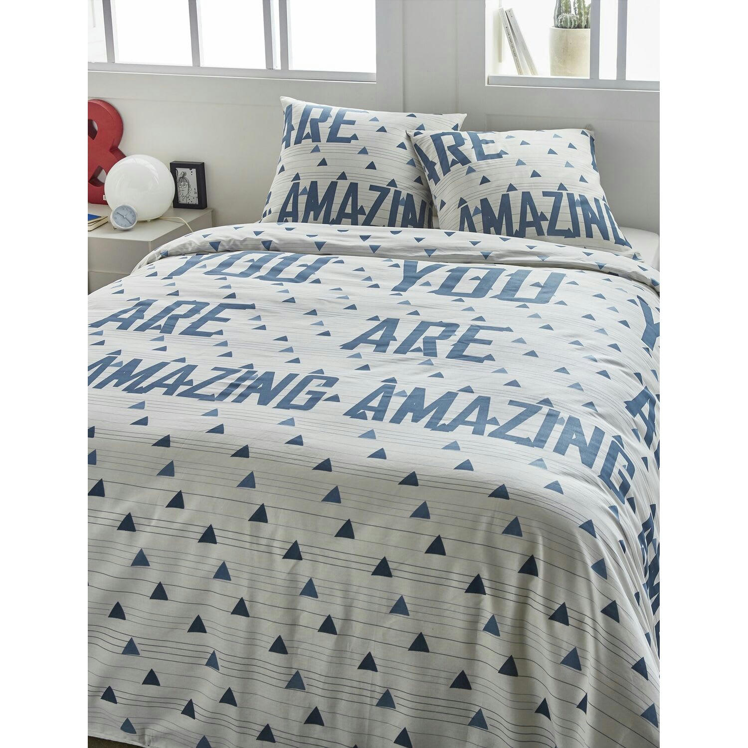 AMAZING BLANC - Parure housse de couette coton bleu 220x240 cm