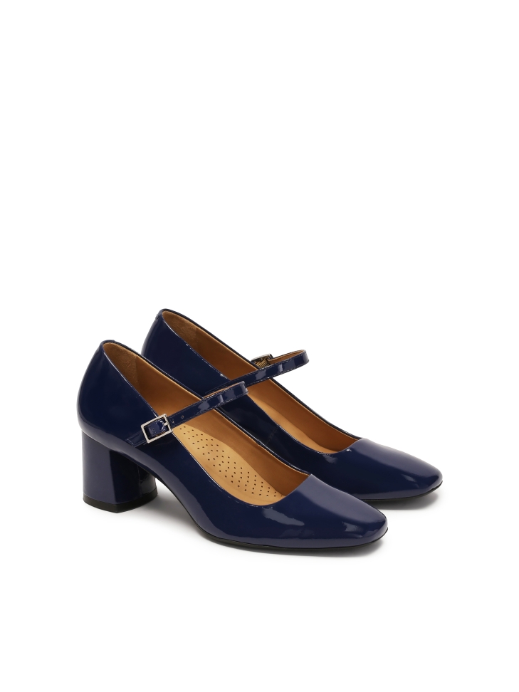 Navy blue patent leather low heel pumps