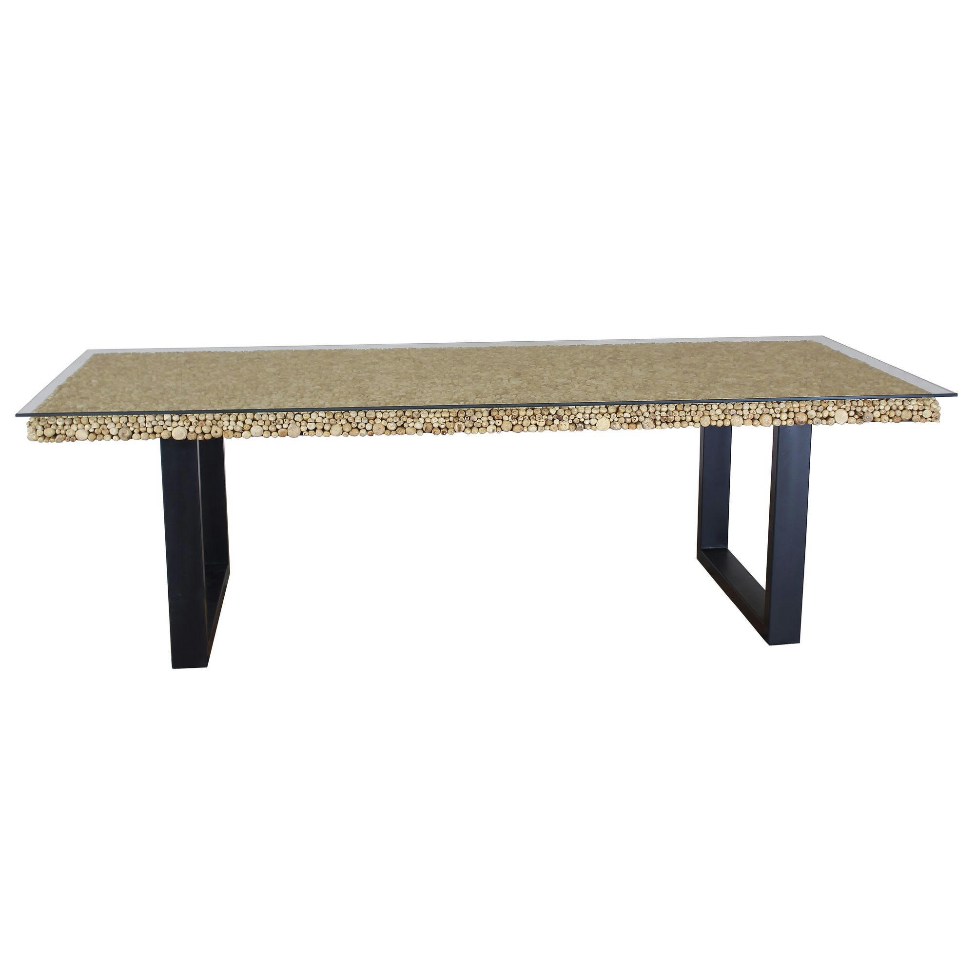 FLOTS PERDUS - Table en bois flotté avec plateau verre et pieds en métal noir 250cm