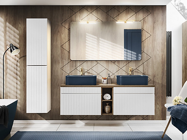 Double meuble de salle de bain à suspendre ICONIC blanc 140 cm avec le plan et l'extension chêne Santa Fe