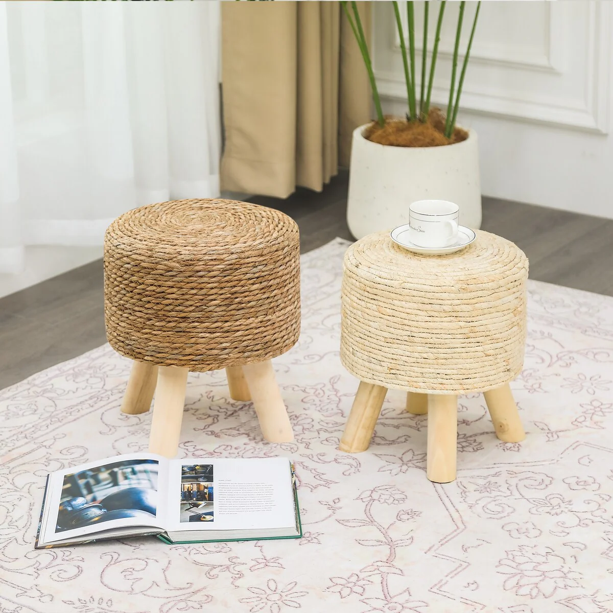 Adeco Set of 2 Ottomans Natural Cattail Hand Weave Round Foot Stool