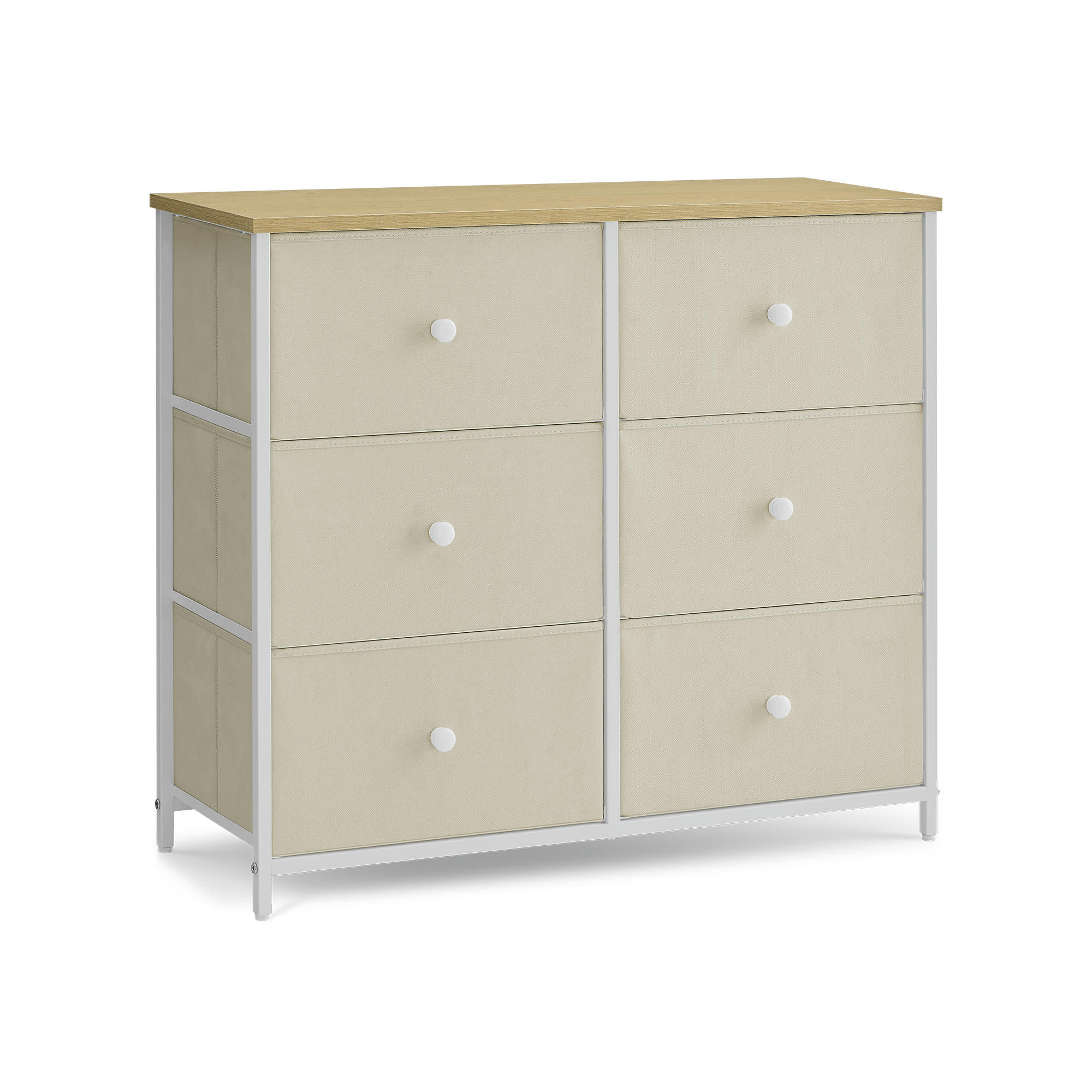 - Commode 6 tiroirs en tissu effet bois blanc crème
