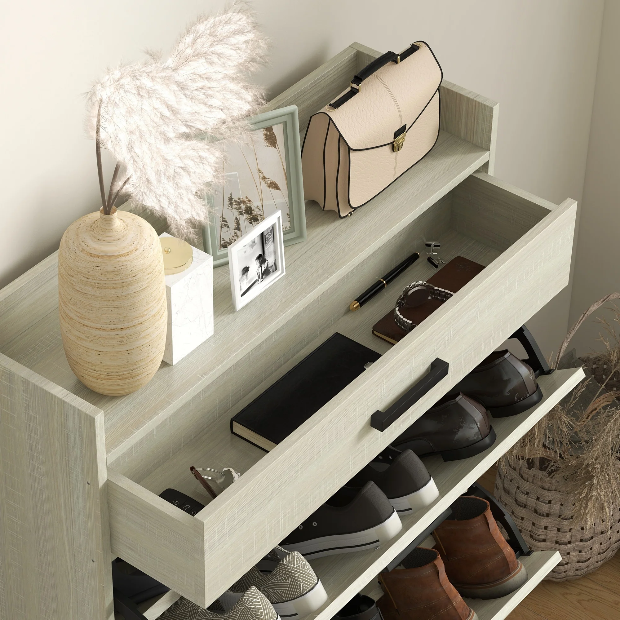 Narrow Shoe Cabinet, with 2 Flip Drawers, Adjustable Shelves and Top Drawer, Hidden Shoe Storage for 12 Pairs of Shoes