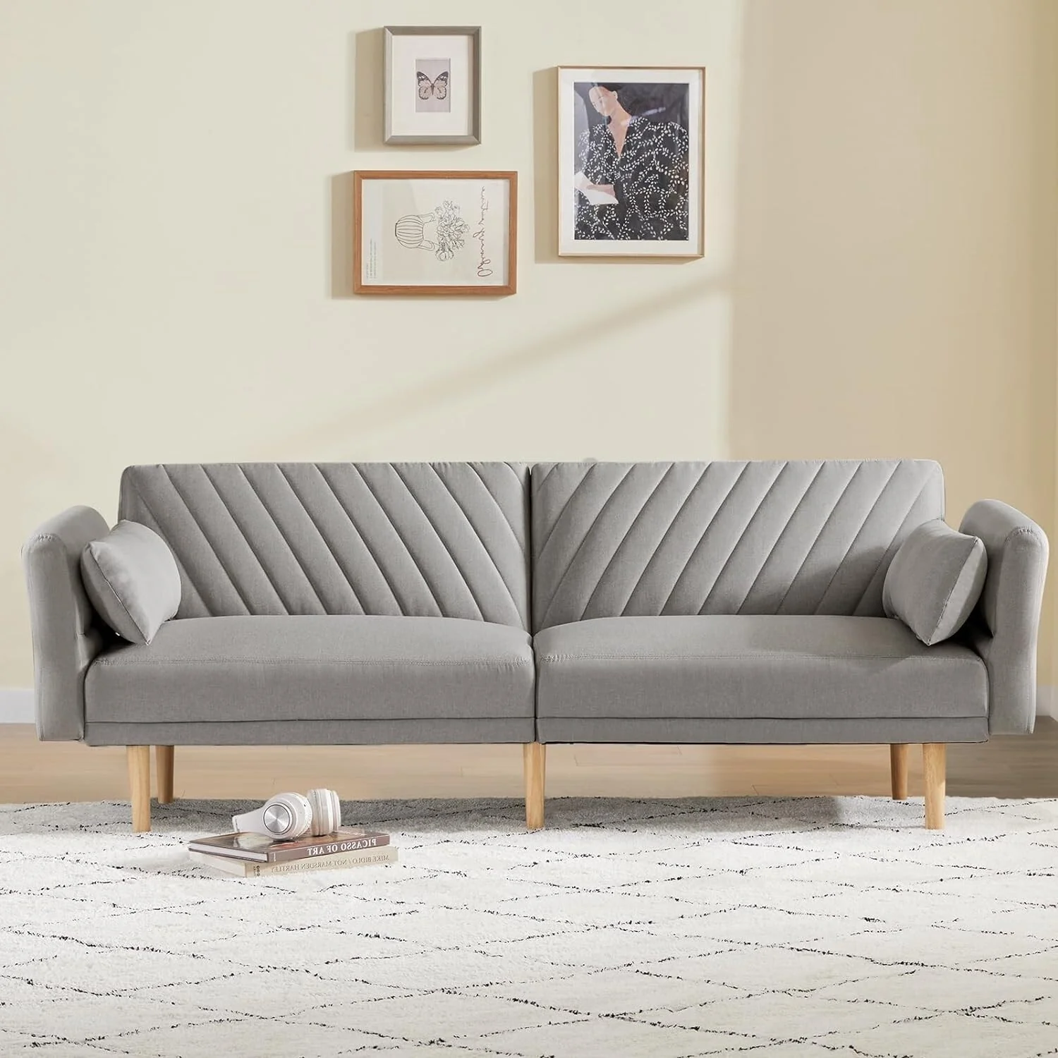 Light Gray Modern 78 Loveseat Futon Convertible Sofa Bed with 2 Pillows and Backrest for Living Room
