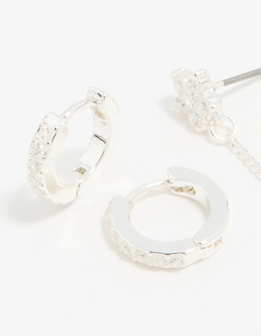 Silver Cubic Zirconia Chain Flower Chain & Huggie Earrings 3-Pack