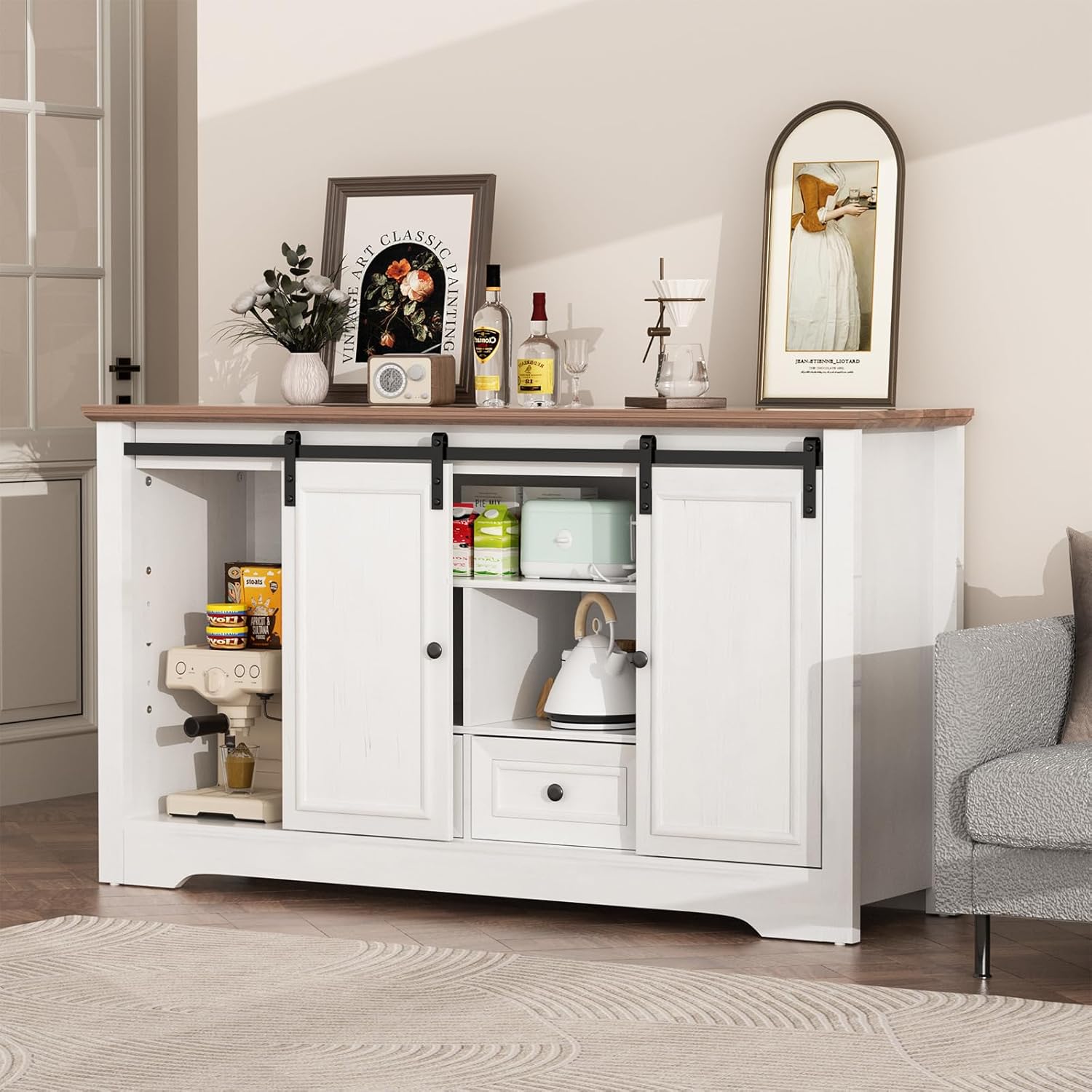 Farmhouse TV Stand for 60 Inch TV, 30 Tall Entertainment Center with 2 Drawers & Sliding Barn Door, Rustic Media Console with Storage Shelves, 55 Wood Television Stand for Living Room, White