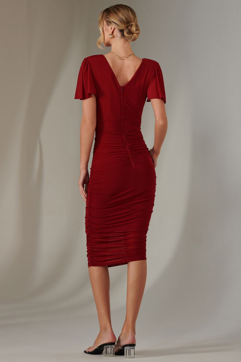 Jolie Moi Plain Angel Sleeve Ruched Bodycon Dress