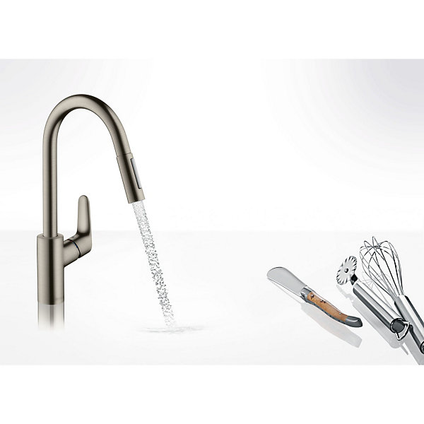 Mitigeur de cuisine 240 avec douchette extractible 2 jets aspect acier inox HANSGROHE Focus M41