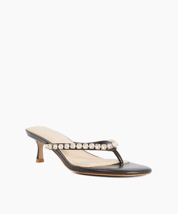 Mimis Brown - Leather Jewel Strap Kitten Heel Thongs