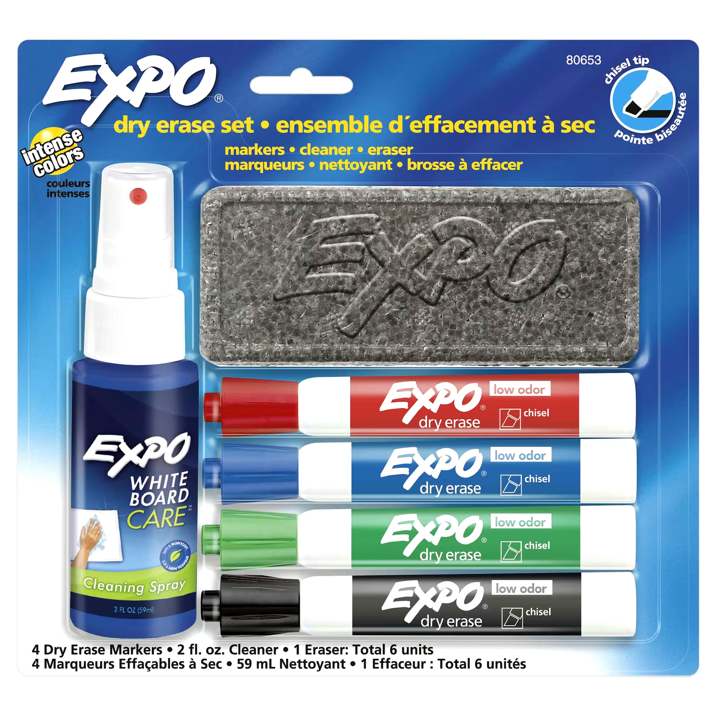 Expo Chisel Tip Low Odour Assorted Dry Erase Marker Starter Kit, 4-pk, Eraser, & Spray