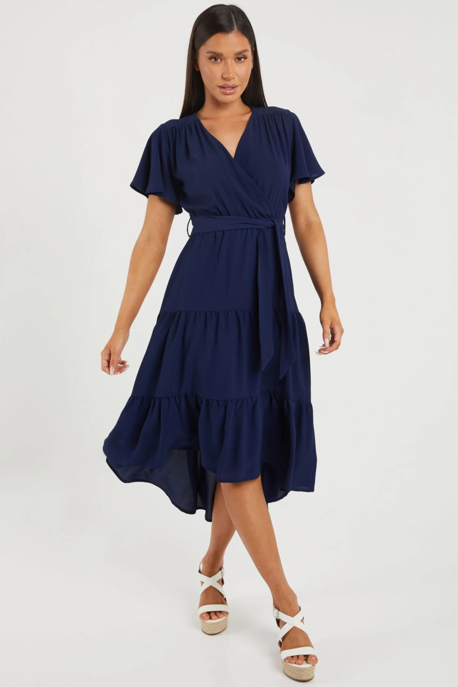 Quiz Blue Wrap Tiered Dip Hem Dress