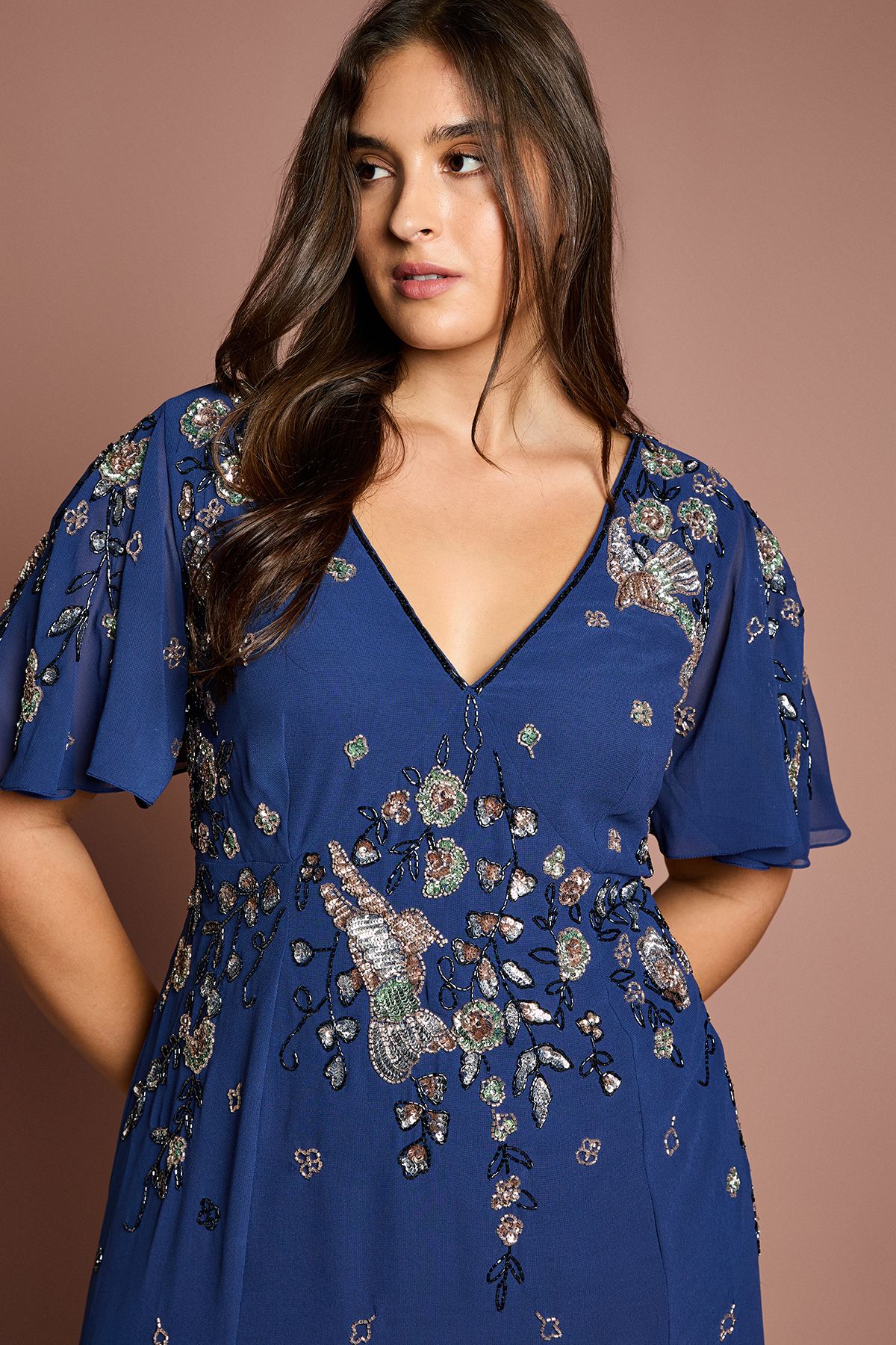 Coast Plus Floral Embellished Flutter Sleeve Midi Dress