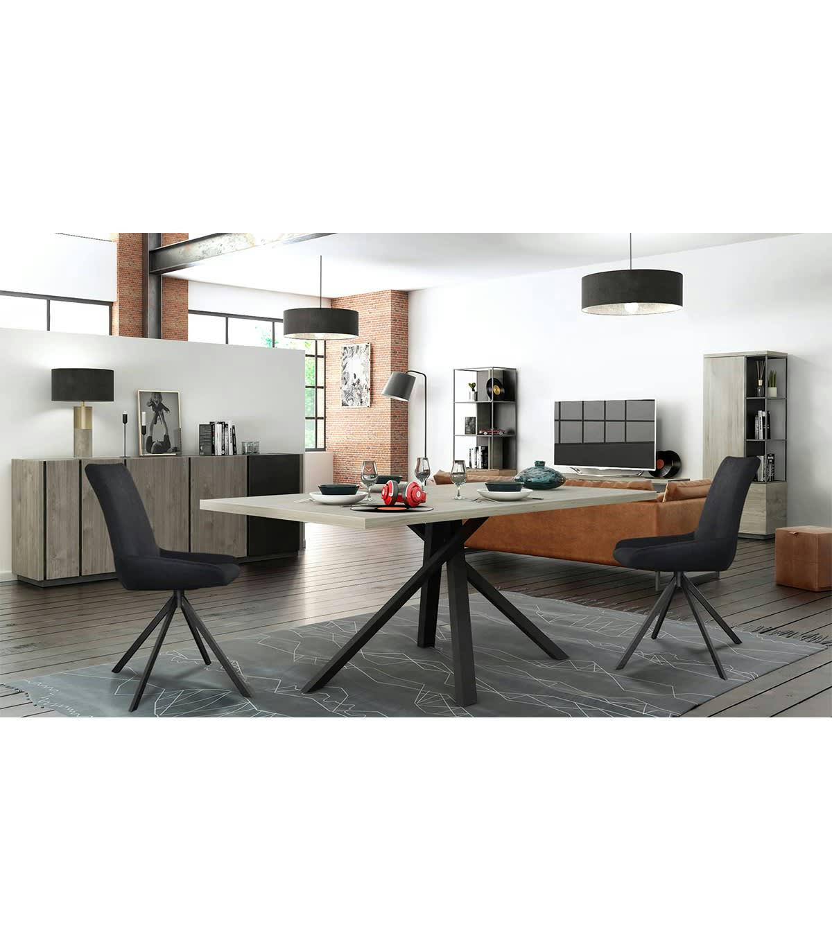 SNAPP - Table rectangulaire 8 pers. pieds central - Décor Bois et pieds noir