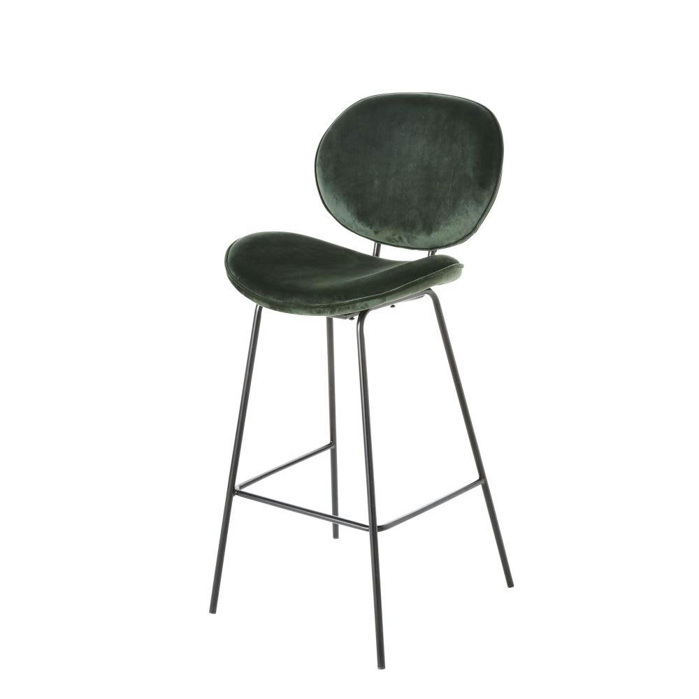 Luna - Chaise de bar en velours vert et métal noir H73