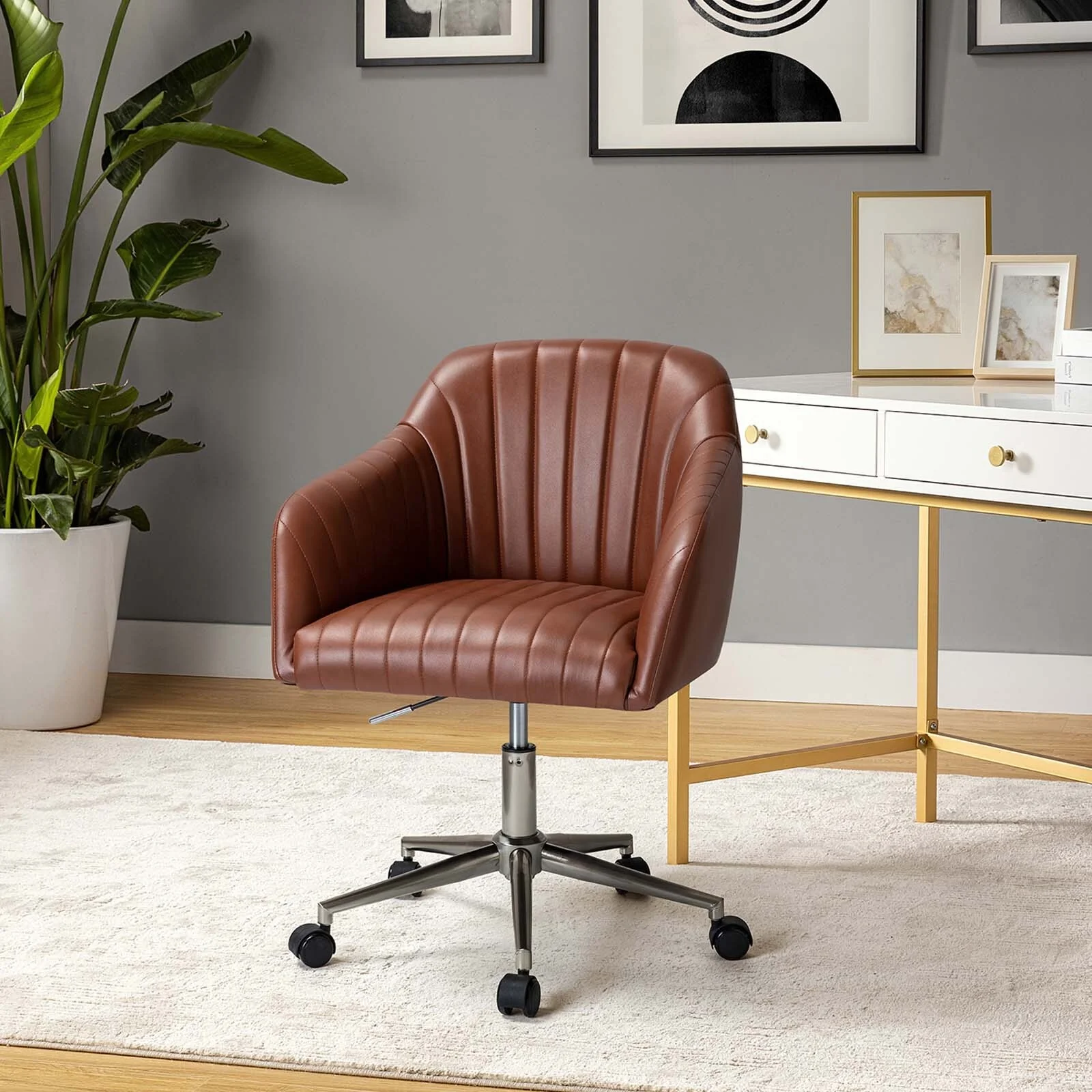 Lucia Mid-century Faux Leather Office Chair with Channel Tufted Design by HULALA HOME