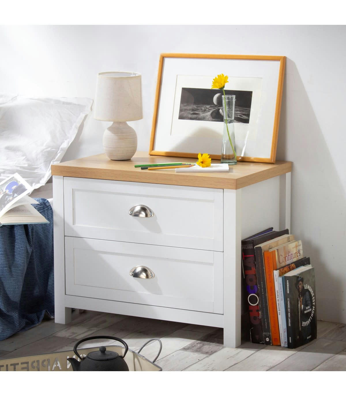 - Chevet 2 tiroirs blanc et décor chêne  L60 cm
