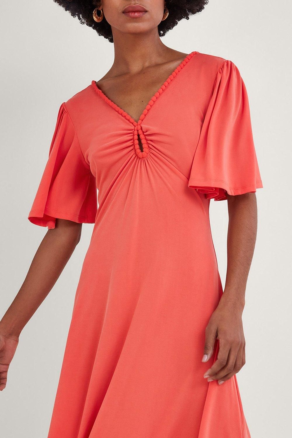 Monsoon Jersey Pom-Pom Trim Keyhole Detail Dress Pink