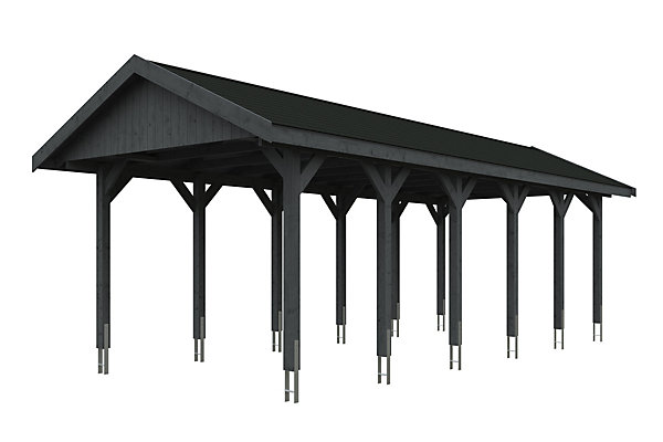 Carport SKAN HOLZ Wallgau 380 x 900 cm, traitement coloré gris ardoise, avec bardeaux noirs