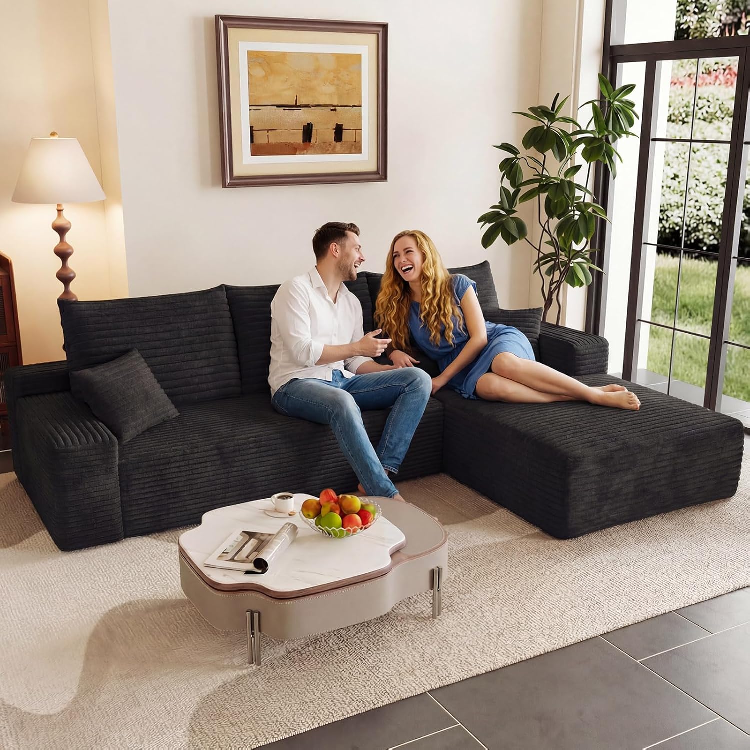 95 Modular Sectional Couch, Boneless L Shaped Cloud Sofa with Chaise Lounge, Corduroy Upholstered Couches Memory Foam Deep Seat, No Assembly Required, Ideal for Living Room(Black, Right Facing)