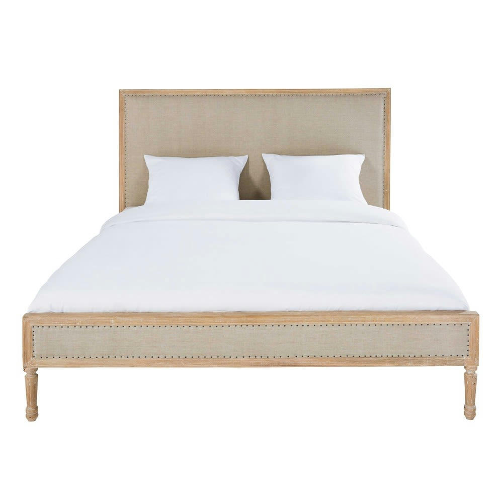 Harmony - Lit en bois de manguier blanchi et lin 160x200