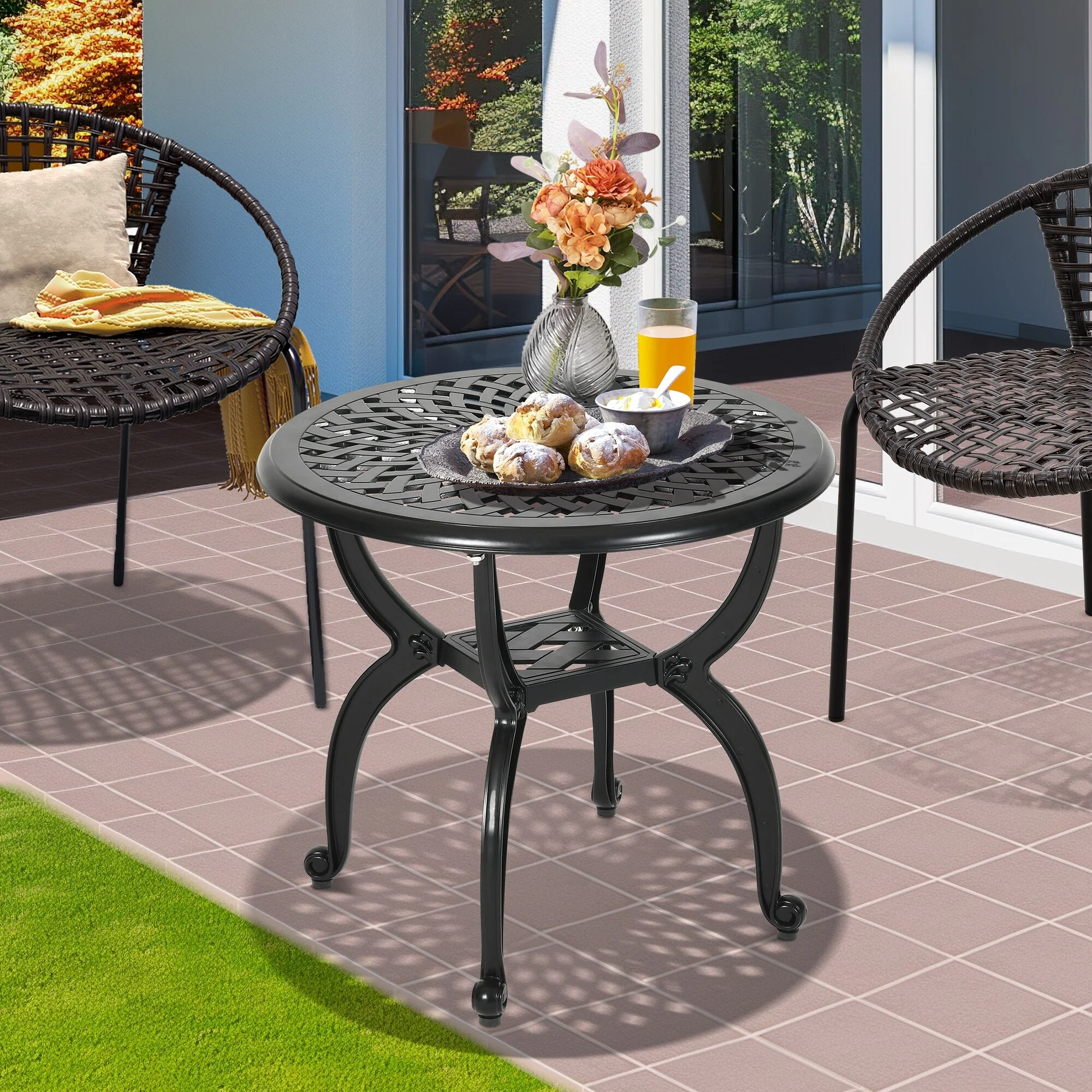 Moasis Outdoor Cast Aluminum Round Side Table Patio Bistro Coffee Table with Adjustable Foot Pads