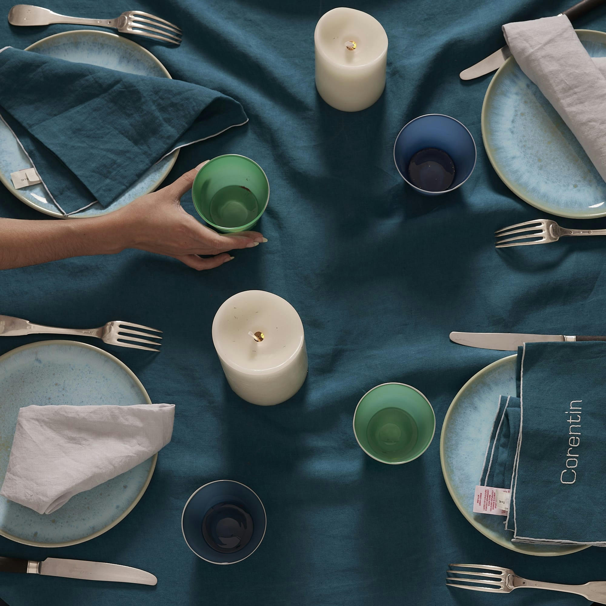 AUTOUR DU LIN - Lot de 2 serviettes de table en lin lavé 45x45cm Vert Paon