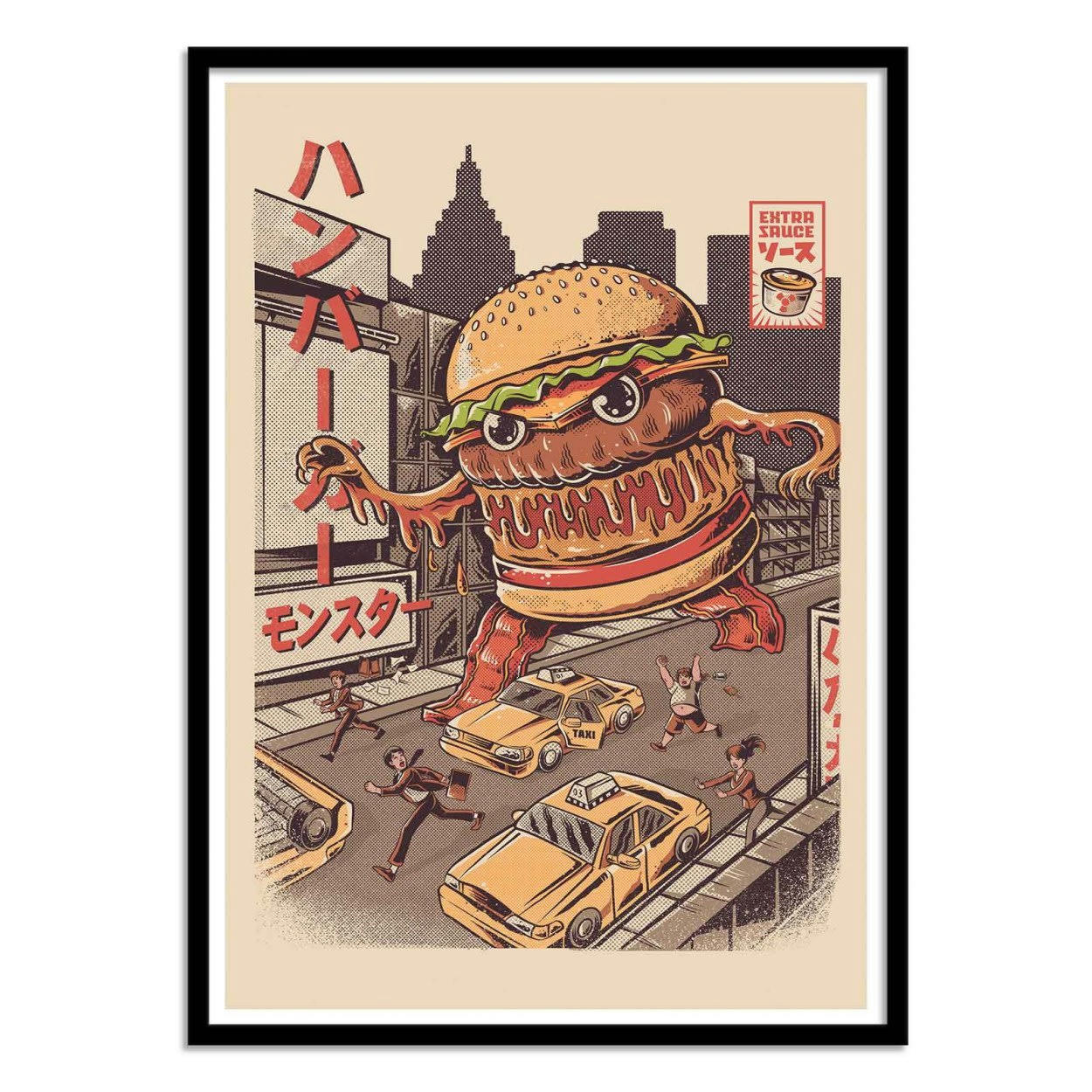ILUSTRATA - BURGERZILLA - Affiche d'art avec Cadre bois noir - 30 x 40 cm