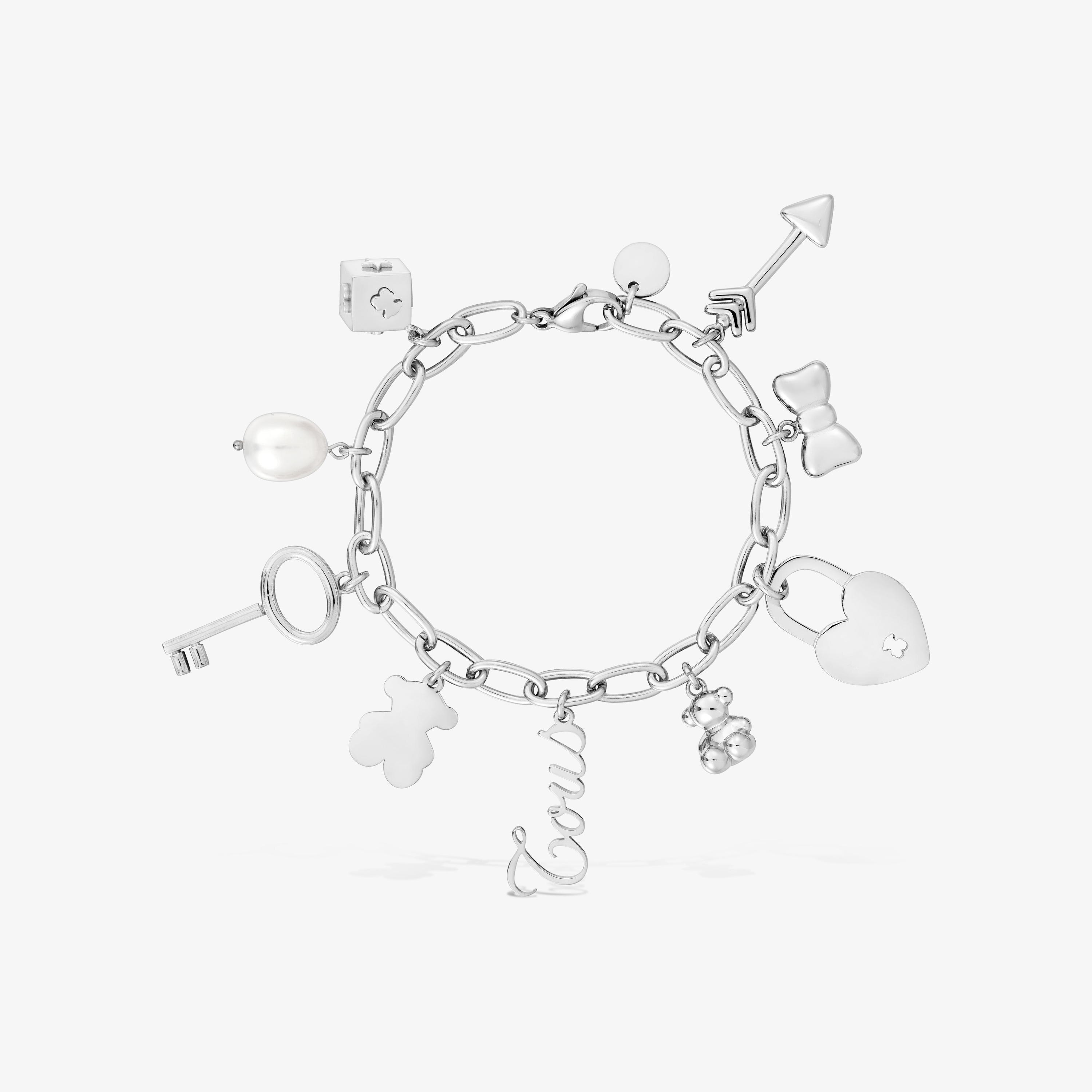 Pulsera de acero, perlas cultivadas y motivos colgantes TOUS Charming