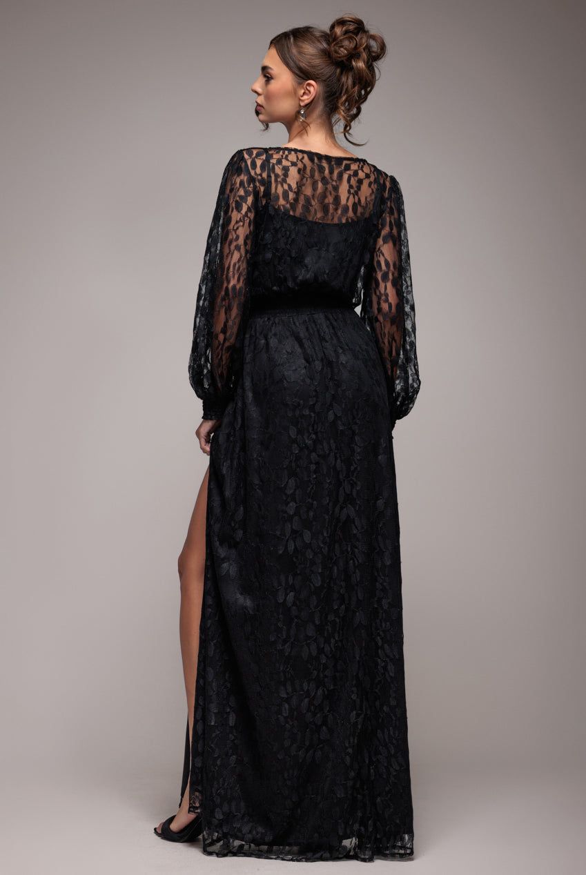Goddiva Lace Long Sleeve Shirred Waist Maxi Dress