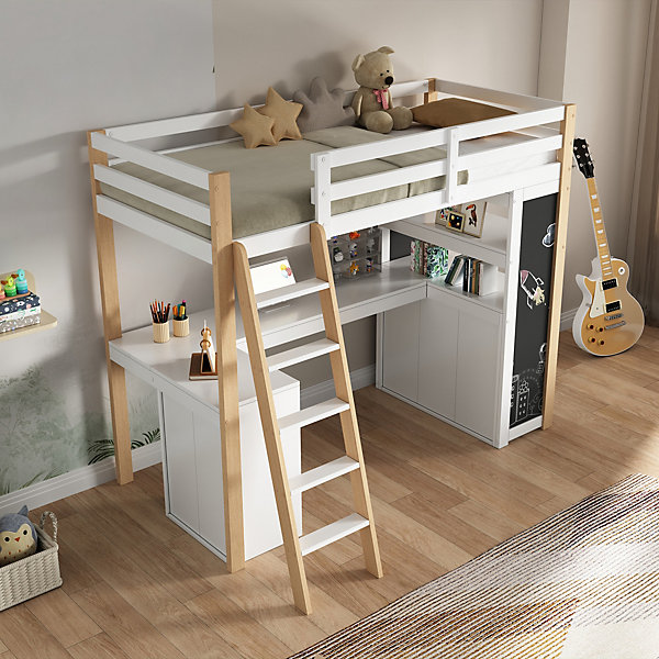 Lit superposé 90x200 cm avec bureau intégré et tiroir de rangement, structure bois massif et MDF, blanc naturel