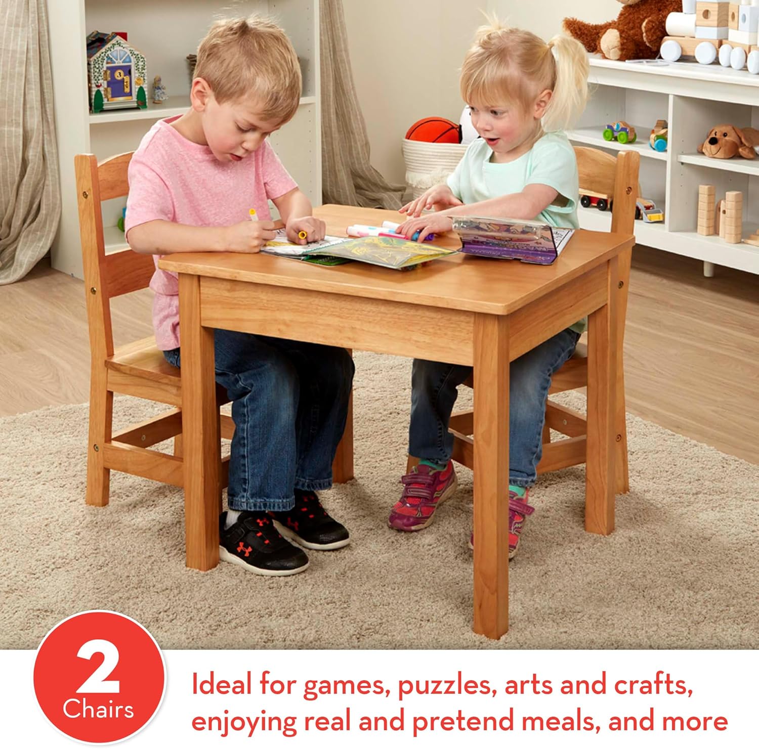 Melissa & Doug Solid Wood Kids Table and Chairs (2), Premium Quality Wooden Toddler Table and Chair Set for Kids Playroom Furniture & Montessori Classroom Furniture for Boys & Girls Ages 3+