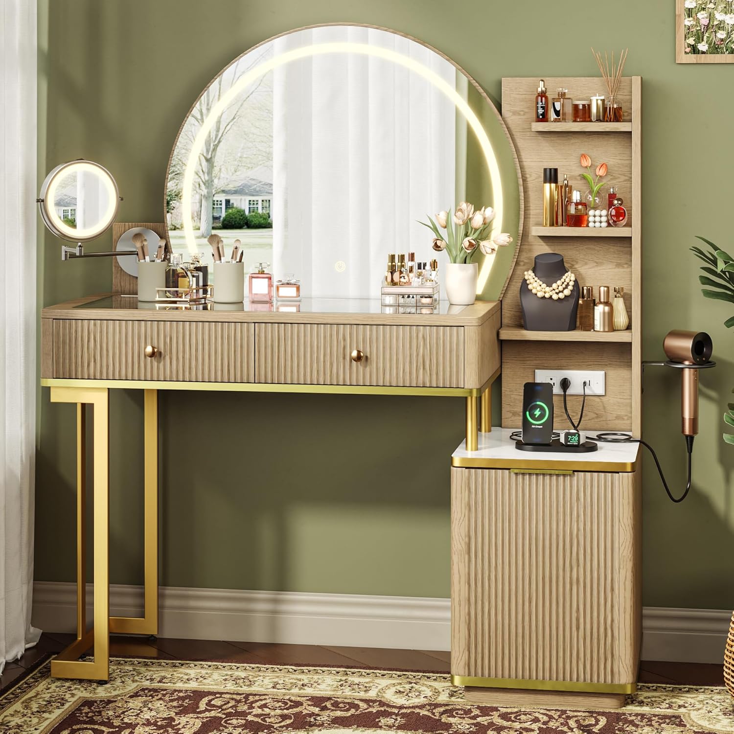 Vanity Desk w/5x Magnifying Mirror, Fluted Makeup Vanity w/Mirror and Lights, Glass Top Vanity, Dressing Table w/Power Outlet & Drawers, Adjustable Shelves for Bedroom, Women & Girls, Natural