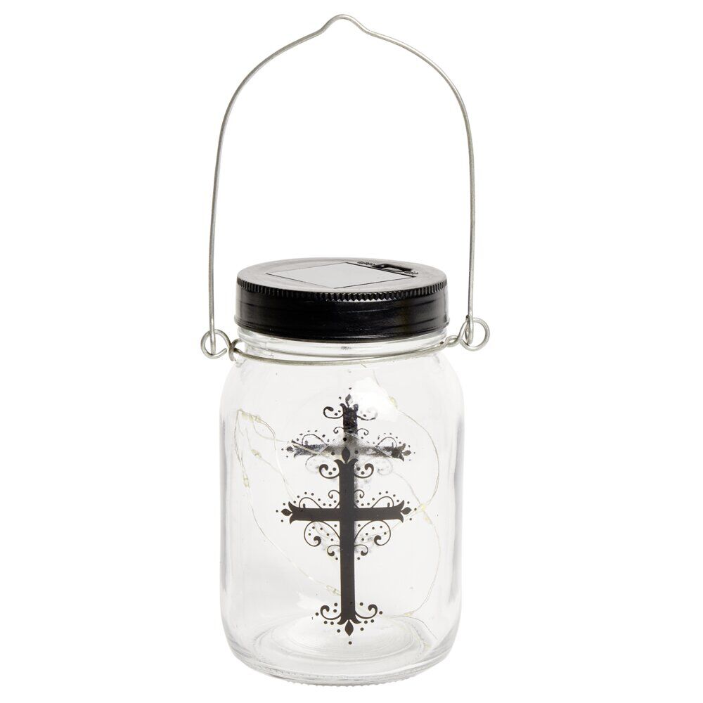 Lanterne funéraire solaire LED en verre avec croix à l'intérieur Ø7xH14cm