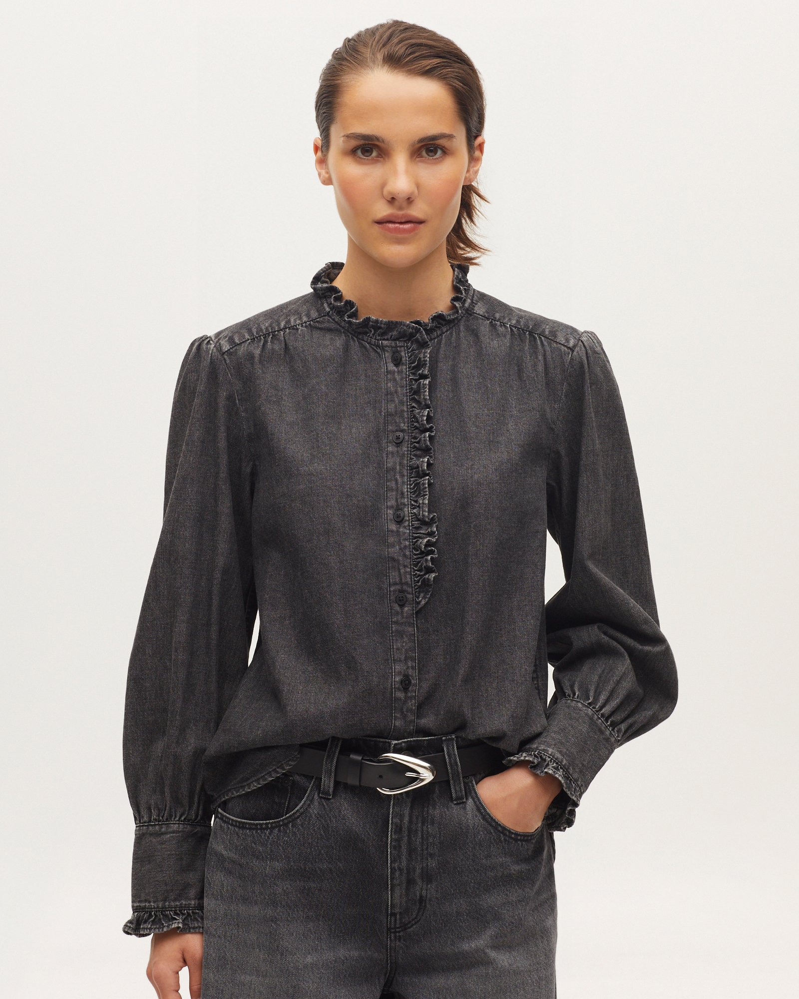 Chemise col volanté en coton