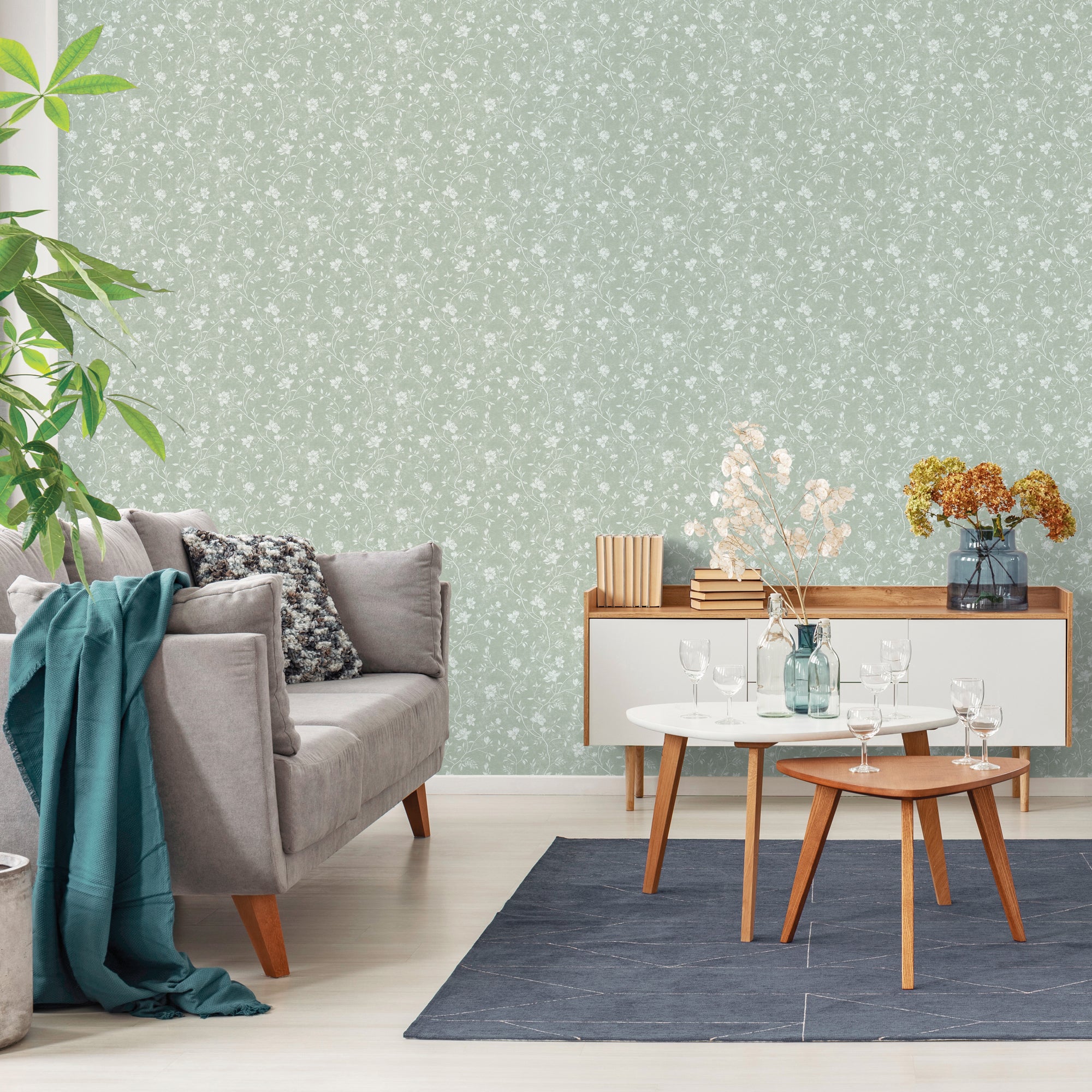Sanders & Sanders behang bloemetjes licht vergrijsd groen en wit - 53 cm x 10 m - 640197