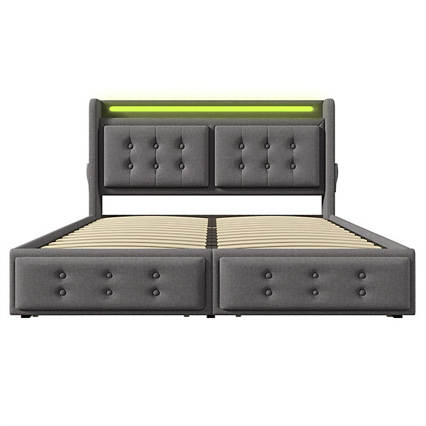 Lit adulte lit 180x200 cm lit rembourré lit 4 tiroirs lit de rangement avec sommier à lattes en bois lit double coton lin gris