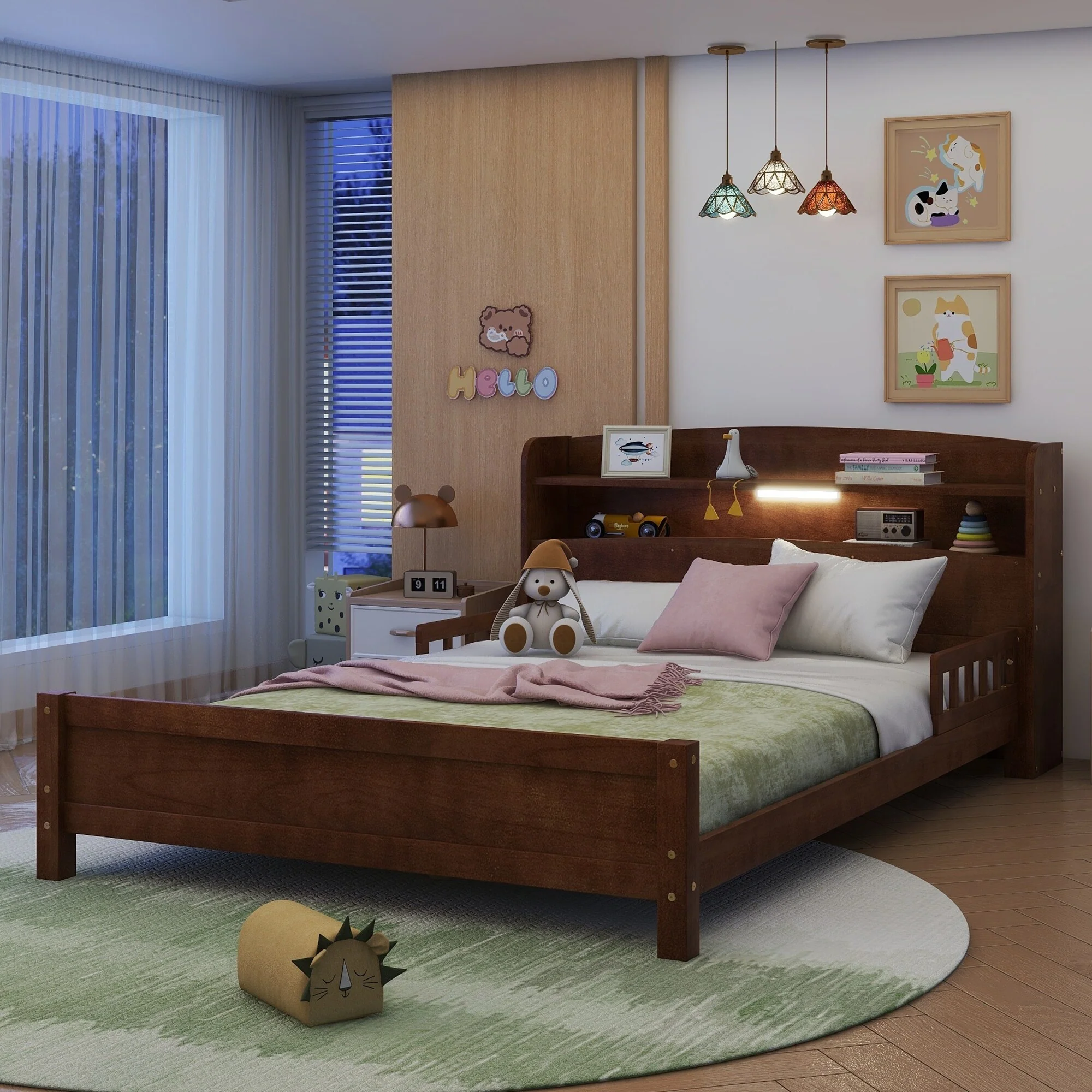 Full Size Wood Bed with Storage Headboard and Motion Sensor Light