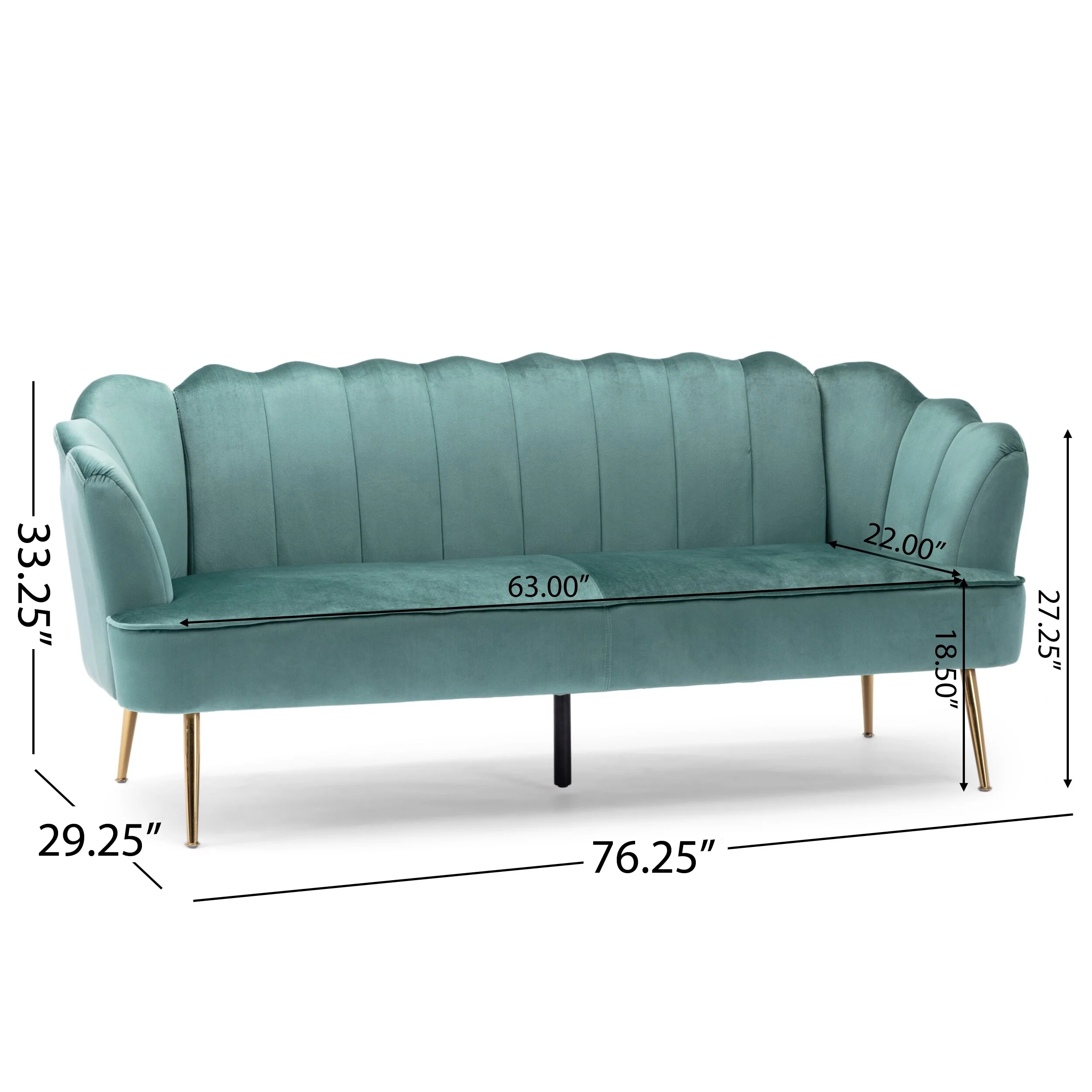 Turquoise 76.25 Velvet Channel Stitching 3-seater Sofa with Metal Legs for Living Room