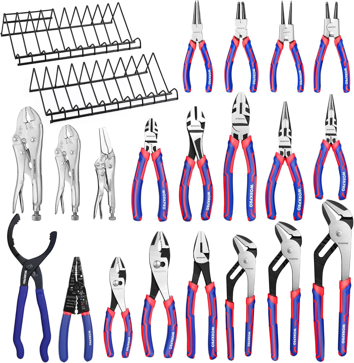 WORKPRO Pliers Set, 20 Pieces Pliers Tool Set with 2 Packs Organizer Rack, Slip Joint Pliers, Channel Locks Plier and Vise Grip Plier Assortment for Home, Garage, Mechanics & DIY Projects