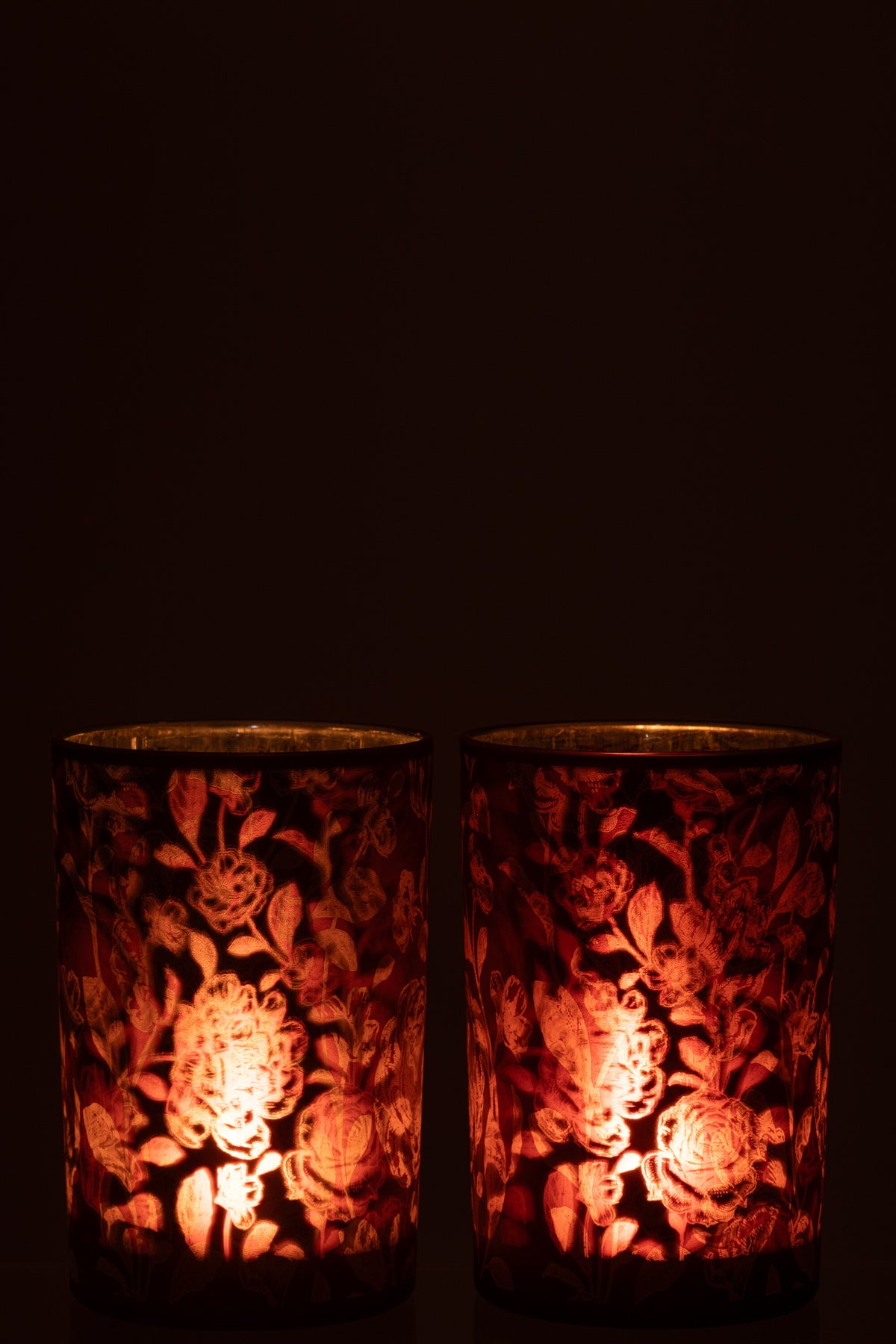 J-Line windlicht Bloemen - glas - paars/zilver - large - 2 stuks