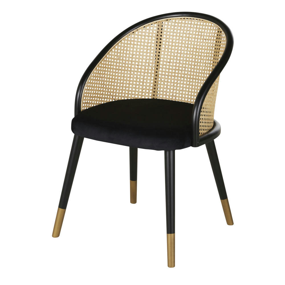 Sockette - Fauteuil de table en velours noir cannage en rotin