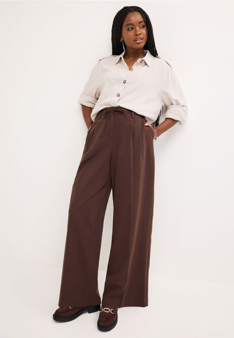 Womens Brown Pleated Wide Leg Trousers