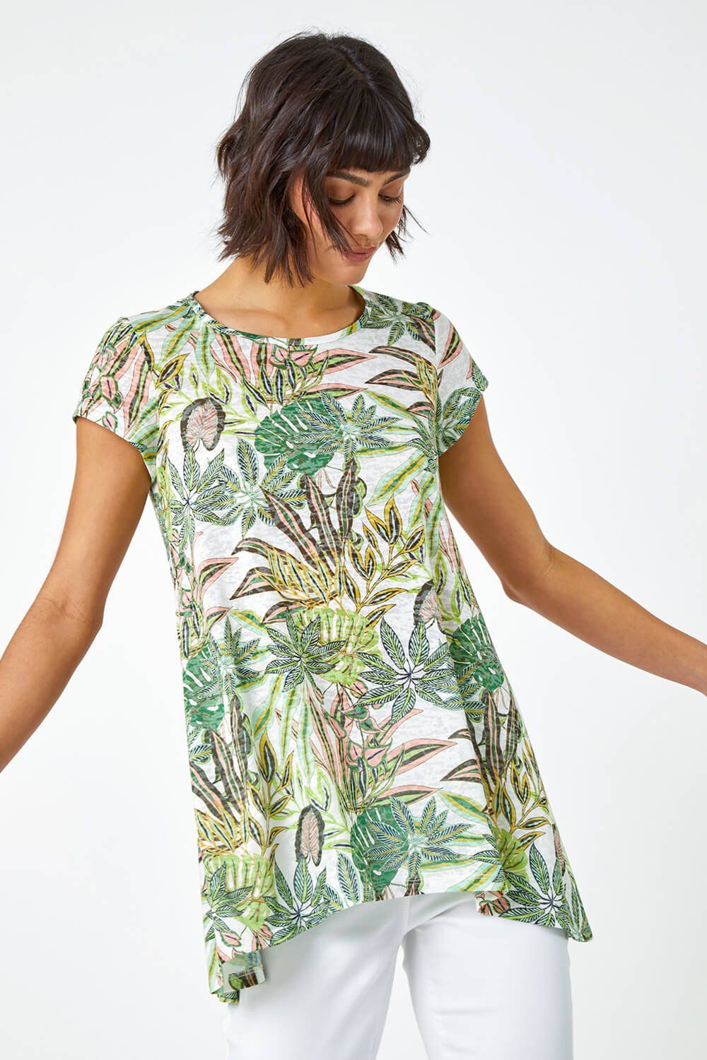 Roman Tropical Print Hanky Hem Tunic Top
