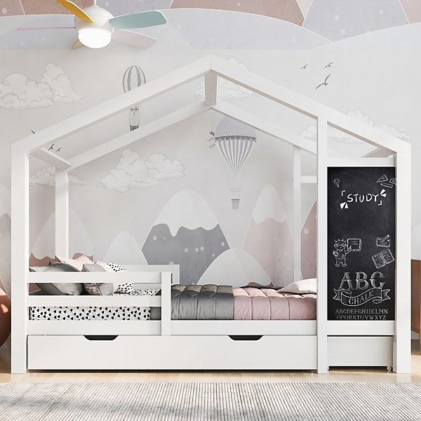 Lit enfant 90x200 cm - Lit Cabane avec Tableau et 2 Tiroirs, Rangement Pratique, Bois Massif et MDF, Sans Matelas - Blanc