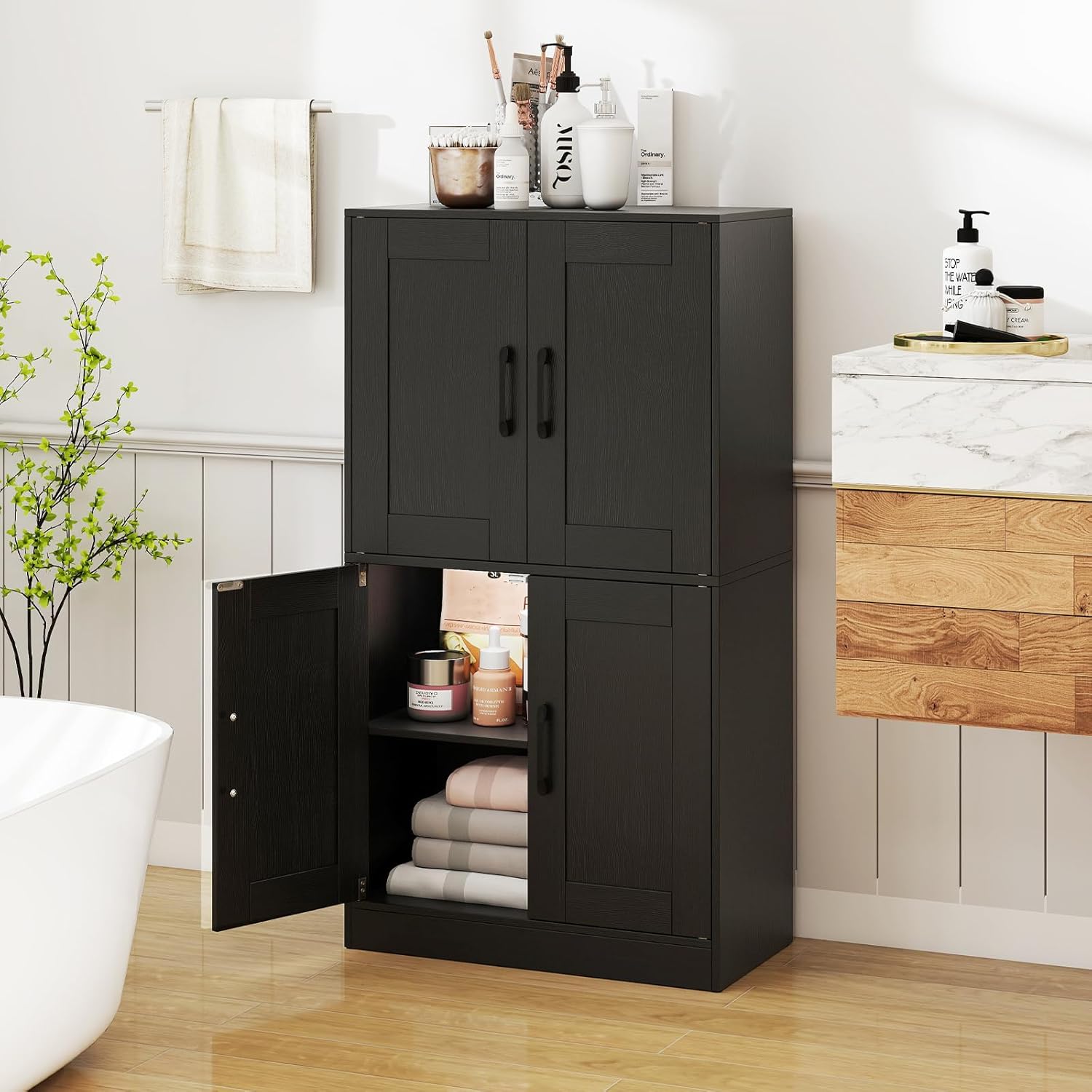 Giantex Bathroom Cabinet, 43.5” Storage Cabinet with Doors & Adjustable Shelves, Kitchen Pantry, Freestanding Storage Organizer for Living Room Dining Room (Black)