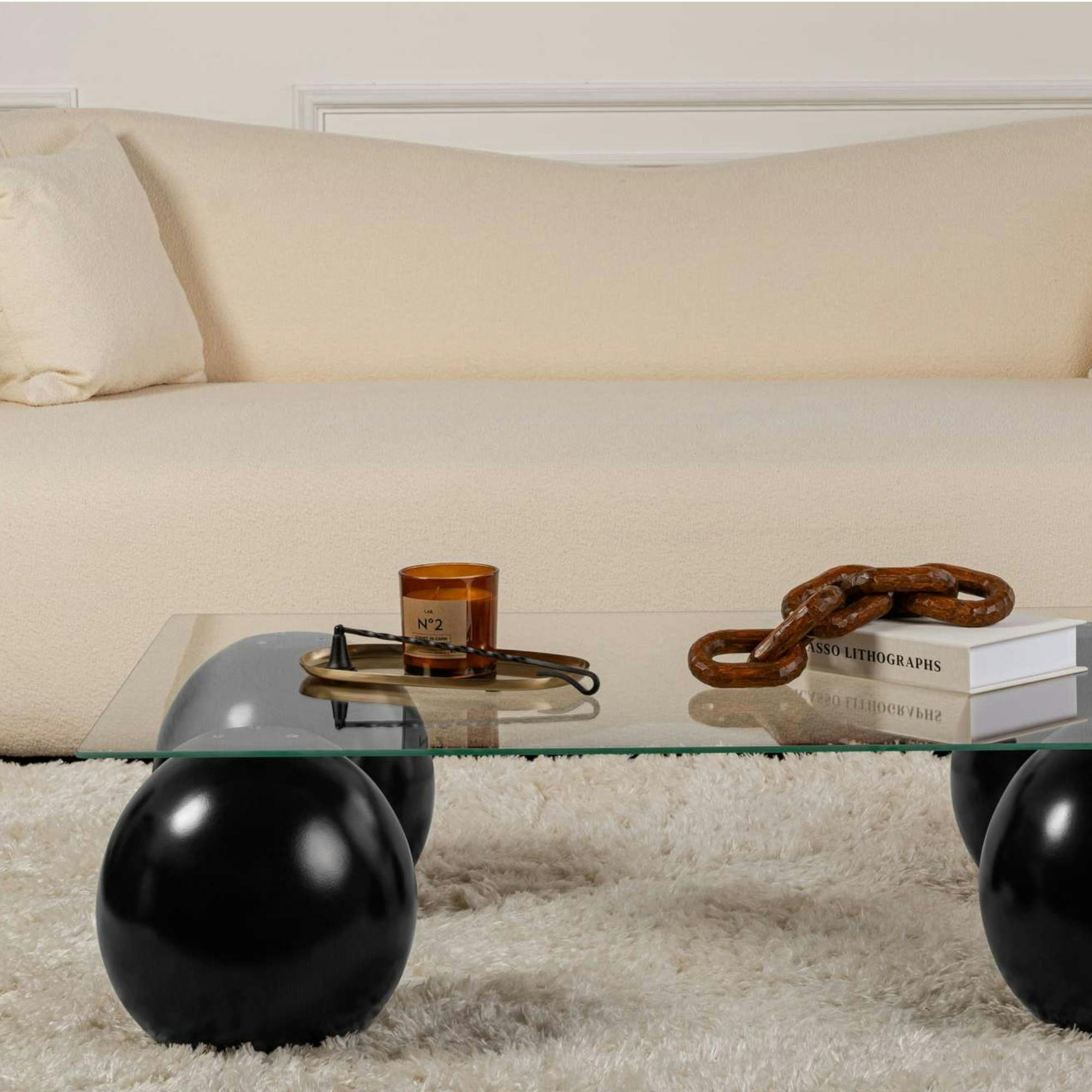 Table basse verre rectangulaire - 4 pieds boules noirs KOCHI